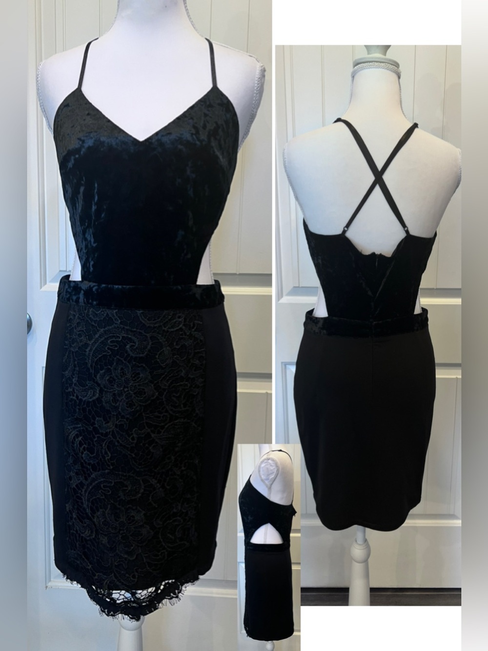 Black Velvet Lace Cutouts Dress Adjustable Criss Cross Straps 5% Spandex Medium